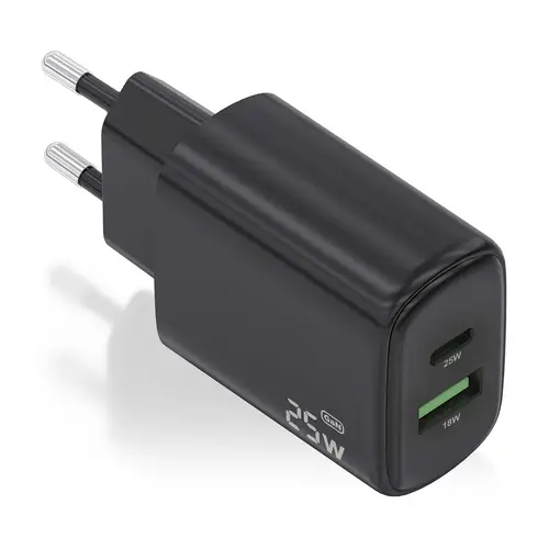 Cargador GaN 25W, 1xUSB-C PD3.0, 1xUSB-A QC3.0, Negro - Imagen 1