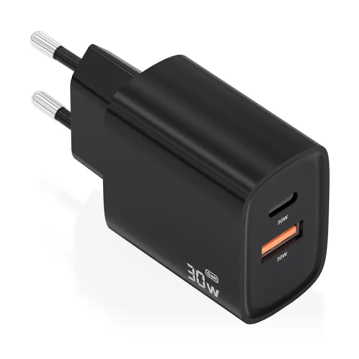 Cargador GaN 30W, 1xUSB-C PD3.0 QC4.0, 1xUSB-A QC3.0, Negro