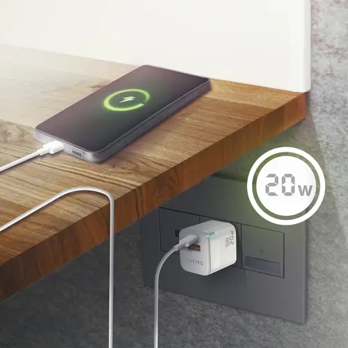 Cargador Gan 20W, 1xUSB-C PD3.0 QC4.0, 1xUSB-A QC3.0, Blanco - Imagen 5