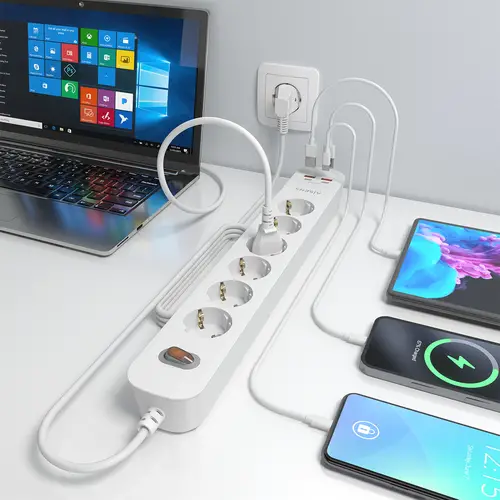 Regleta de Enchufes Multifuncion con 6 Tomas + Cargador PD3.0 20W 2xUSB-C, 2xUSB-A, 1.4m, Blanco - Imagen 5