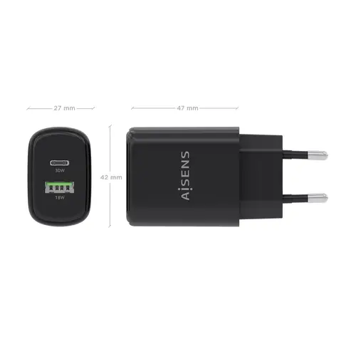 Cargador GaN 30W, 1xUSB-C PD3.0 QC4.0, 1xUSB-A QC3.0, Negro - Imagen 4