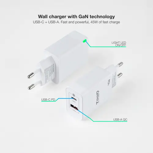 Cargador de Pared GaN USB-C/PD + USB-A/QC 45W, Blanco - Imagen 2