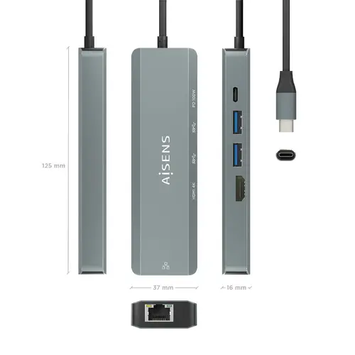 USB-C Dock 5 en 1, USB-C a 1xHDMI, 1xRJ45, 2xUSB, 1xPD, Gris, 15 cm - Imagen 4