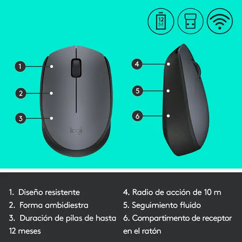 M170 Grey-K ratón Oficina Ambidextro RF inalámbrico Óptico 1000 DPI - Imagen 12