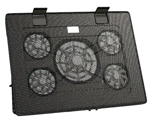 MNBC2, Base Refrigeradora y Stand para Portátiles Hasta 17.3, Iluminación LED Roja, 5x Ventiladores UA5, Regulable 6 Posiciones, Estructura Acero, Rejilla Aluminio, 2x USB 2.0, Negro