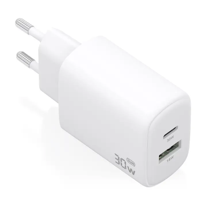 Cargador GaN 30W, 1xUSB-C PD3.0 QC4.0, 1xUSB-A QC3.0, Blanco