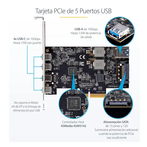 Tarjeta PCIe de 5 Puertos USB de 10Gbps 4x USB-C / 1x USB-A - Hub Concentrador Interno USB 3.2 de 10Gbps - Tarjeta PCI Express 4 Puertos USB Tipo C 1 Puerto USB-A - Windows/Mac/Linux - Imagen 11
