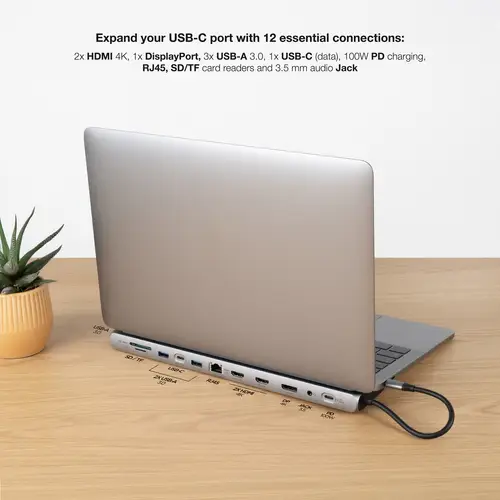 HUB USB-C 12 en 1, Conversor USB-C 3.1 a 3xUSB-A 3.0 + USB-C 3.0 + USB-C PD 100W + 2xHDMI 4K60Hz + DP 4K60Hz + RJ45 1Gbps + SD/TF 3.0 + Audio Jack 3.5, Aluminio, Gris, 18 cm - Imagen 4