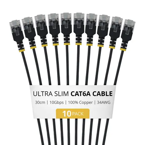 Paquete de 10 - Cable de Red Cat6A RJ45 Ultra Fino de 30cm - Cable Ethernet Ultra Slim - Cobre de 34AWG - UTP - Probado Individualmente - Negro - Imagen 1