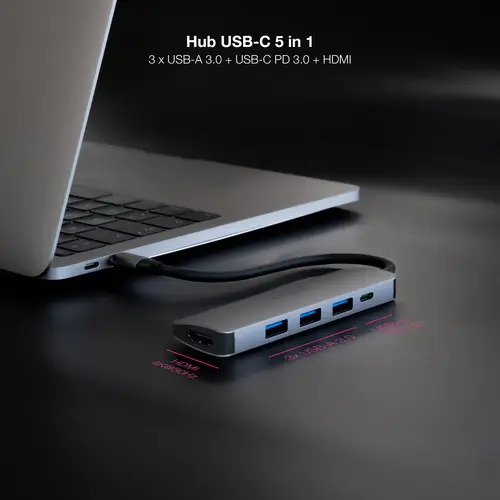 Hub USB-C 5 en 1, Conversor USB-C 3.1 a 3xUSB-A 3.0 + USB-C PD + HDMI, Aluminio, Gris, 18 cm - Imagen 3