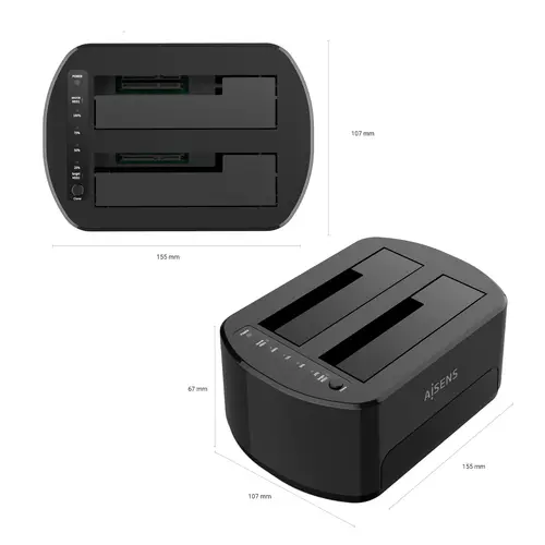 Estacion de Docking de Doble Bahia ASDS-D03B SATA 2.5/3.5 a USB 3.0/3.1 Gen1, Clone, Negra - Imagen 4