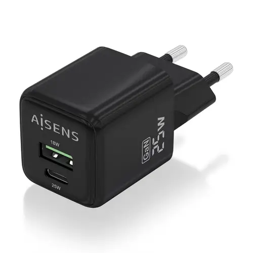 Cargador GaN 25W, 1xUSB-C PD3.0 QC4.0, 1xUSB-A QC3.0, Negro - Imagen 2