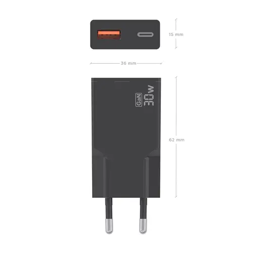 Cargador Ultra Delgado GaN 30W, 1xUSB-C PD3.0 QC4.0, 1xUSB-A QC3.0, Negro - Imagen 4
