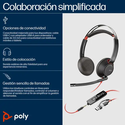 Auriculares Blackwire 5220 estéreo USB-C + conector de 3,5 mm + adaptador USB-C/A (paquete) - Imagen 3
