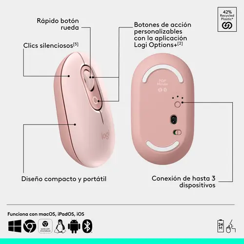 POP ICON COMBO, combinación de teclado y ratón Bluetooth, escritura cómoda, teclas y botones programables, clics discretos, Easy-Switch hasta 3 dispositivos: rosado - Imagen 7