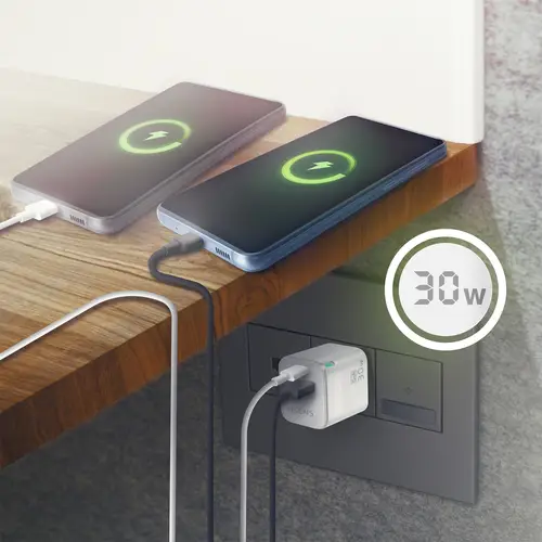 Cargador Gan 30W, 1xUSB-C PD3.0 QC4.0, 1xUSB-A QC3.0, Blanco - Imagen 5