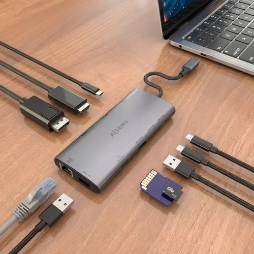 USB-C Dock 10 en 1, USB-C a 1xHDMI, 1xDisplayPort, 1xRJ45, 1xUSB-A 10G, 1xUSB-A 5G, 2xUSB-C 10G, 1xUSB-C PD100W, 1xSD, 1xMicroSD, Gris, 20cm - Imagen 6