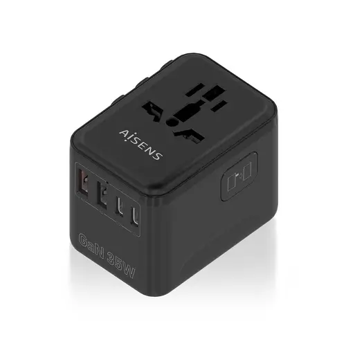 Adaptador Enchufe Universal Para Viaje EU/USA/UK/AU Con Cargador USB GaN, 2xUSB-A (A1 QC3.0), 3xUSB-C (C1 PD3.0) 35W, Negro - Imagen 1