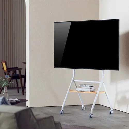 Soporte de suelo eco con rueda, 1 bandeja para pantalla interactiva/TV 80kg de 37-86, Blanco+Madera - Imagen 4