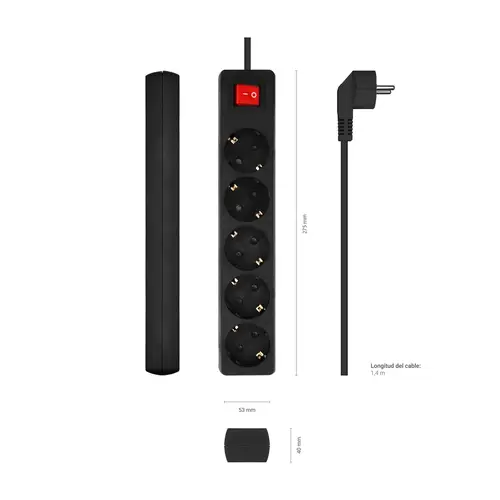 Base Multiple 5 Tomas con Interruptor con Cable 3×1.5mm2, Negro, 1.4 m - Imagen 3