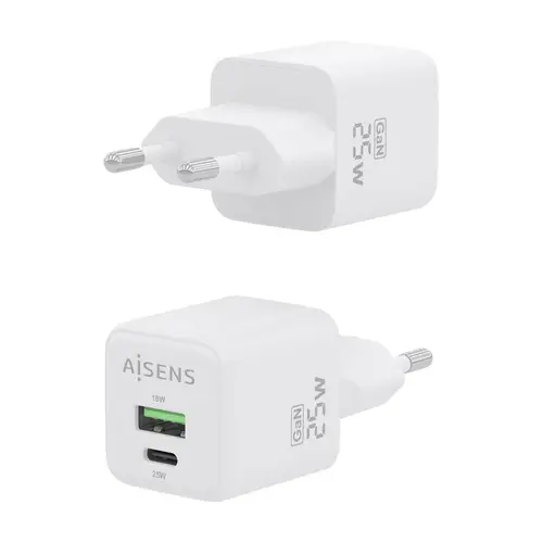 Cargador GaN 25W, 1xUSB-C PD3.0 QC4.0, 1xUSB-A QC3.0, Blanco - Imagen 3