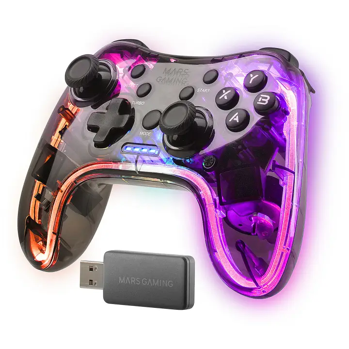 Gamepad Inalámbrico 2.4GPRO, Neon RGB, Vibración Háptica Dual, Joysticks Analógicos, Mando para PC, PS3, PS4, PS5, XBOX360, Raspberry Pi, Mac, Android, MGP-24, Transparente