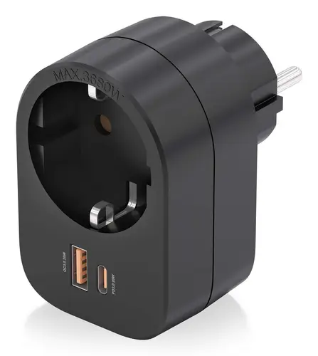 Regleta De Pared Multifuncion Con 1 Toma + 1xUSB-C 20W PD3.0, 1xUSB-A 20W QC3.0, Negro - Imagen 2