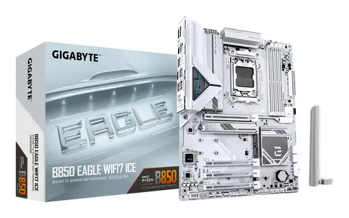 B850 EAGLE WIFI7 ICE Placa base - Procesadores AMD Ryzen serie 9000, VRM digital de 8+2+2 fases, hasta 8200 MHz DDR5 (O.C.), 1x M.2 PCIe 5.0 + 2x M.2 PCIe 4.0, Wi-Fi 7, LAN 2.5 GbE, USB 3.2 Gen 2 - Imagen 1