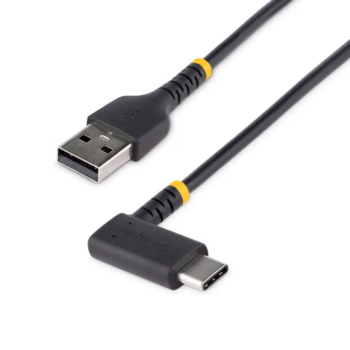 Cable de Carga USB-A a USB-C de 2m - Cable de Carga Rápida de Servicio Pesado USB Tipo C - Cable USB 2.0 - Cable USB Tipo C Acodado - Resistente con Fibra de Aramida - 3A - Negro