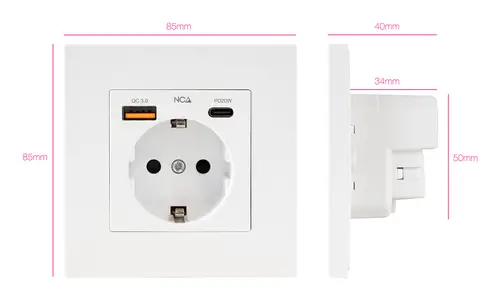 Base de enchufe de pared tipo schuko con 1xUSB-A QC 3.0 + 1xUSB-C PD - Max. 3.4A, Blanco - Imagen 2