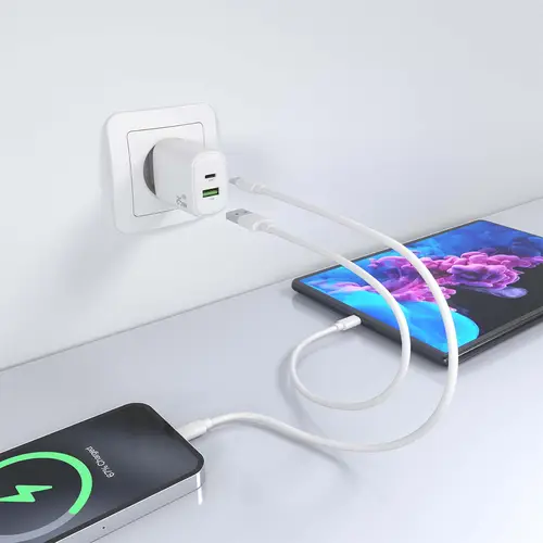 Cargador GaN 25W, 1xUSB-C PD3.0, 1xUSB-A QC3.0, Blanco - Imagen 6