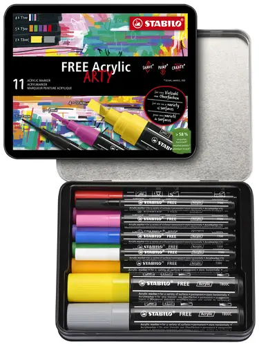 FREE Acrylic marcador 11 pieza(s) Negro, Azul, Carmín, Gris Oscuro, Verde, Lila, Naranja, Rosa, Violeta, Blanco, Amarillo - Imagen 2