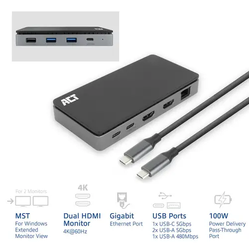 AC7093 base para portátil y replicador de puertos Alámbrico USB 3.2 Gen 1 (3.1 Gen 1) Type-C Negro, Gris - Imagen 3