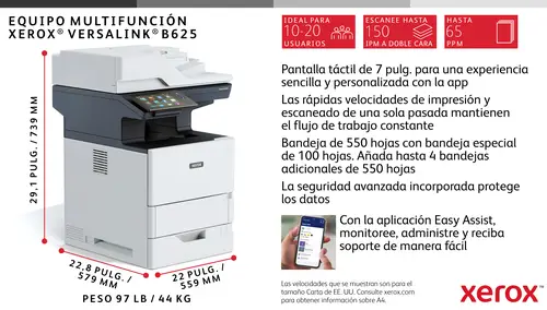 VersaLink B625 A4 61 ppm Copia/impresión/escaneado/fax a doble cara PS3 PCL5e/6 2 bandejas 650 hojas - Imagen 5