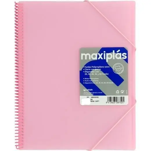 GRAFOPLÁS CARPETA CON FUNDAS MAXIPLÁS ESPIRAL A4 40 FUNDAS C/SOBRE PP RÍGIDO TRANSLÚCIDO ROSA SOFT