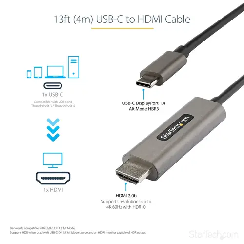 Cable 4m USB C a HDMI 4K de 60Hz con HDR10 - Adaptador de Vídeo USB Tipo C a HDMI 2.0b Ultra HD 4K - Convertidor USBC a HDMI HDR para Monitor o Pantalla - Modo Alternativo DP 1.4 HBR3 - Imagen 5