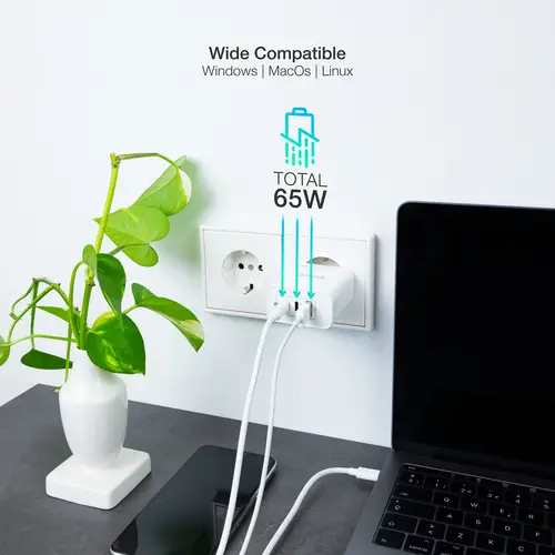 Cargador de Pared GaN 2USB-C/PD + USB-A/QC 65W, Blanco - Imagen 3
