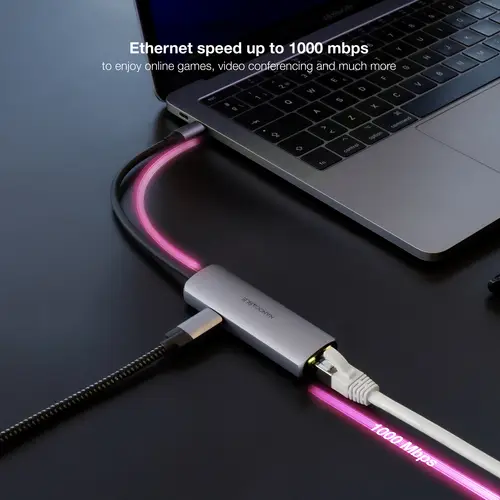 Adaptador USB-C 3.1 a RJ45, con PD 100W, USB-C/M, Aluminio, Color Gris, 18 cm - Imagen 4