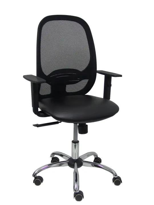 Silla Cilanco negra malla negra asiento similpiel negro brazo regulable base cromada