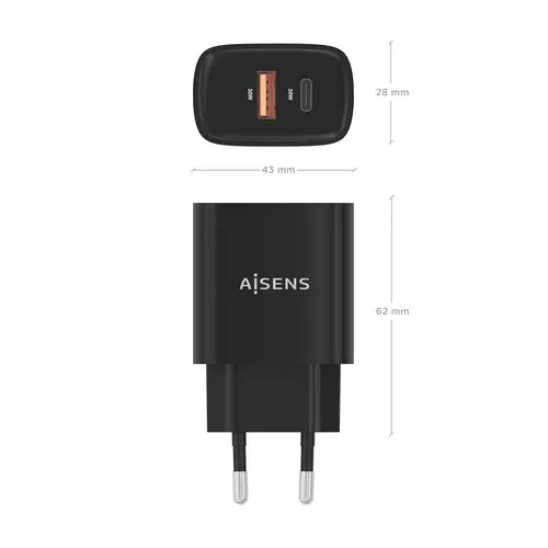 Cargador GaN 30W, 1xUSB-C PD3.0 QC4.0, 1xUSB-A QC3.0, Negro - Imagen 4