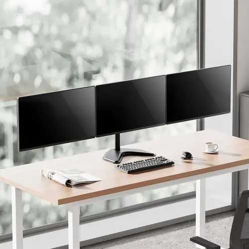 Soporte de mesa con peana eco giratorio e inclinable para 3 monitores 10kg (3 Pivotes, 2 Brazos) de 13-27, Negro - Imagen 5