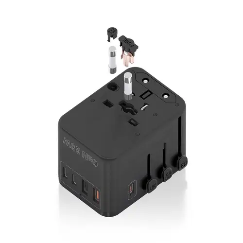 Adaptador Enchufe Universal Para Viaje EU/USA/UK/AU Con Cargador USB GaN, 2xUSB-A (A1 QC3.0), 3xUSB-C (C1 PD3.0) 35W, Negro - Imagen 3