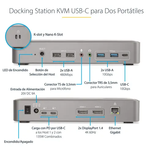 Docking Station KVM USB-C para Portátil - Replicador de Puertos USB Tipo C para 2 Monitores DisplayPort 4K 60Hz - Hub 5x USB - PD 90/45W para 2 Portátiles - Win Mac - Imagen 8