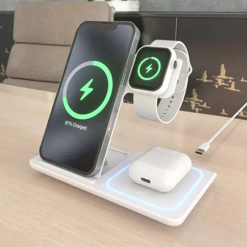 Cargador Inalambrico USB-C 3 En 1 De 15W Para Movil, Apple Watch, Ariculares Con Estuche De Carga, Blanco - Imagen 5