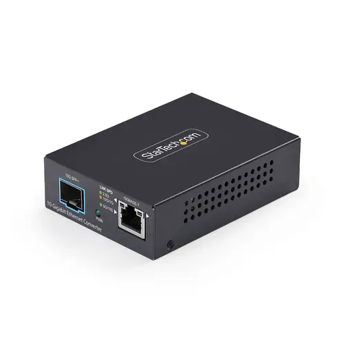 Conversor de Medios de Fibra Óptica Multigigabit 10GbE con SFP+ Abierto - Cobre a SFP+ 10GBASE-X - 10G/5G/2,5G/1G/100M - Monomodo - Multimodo - Tramas Jumbo de 16K - TAA - Imagen 1
