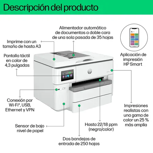 OfficeJet Pro 9730e Inalámbrico All-in-One Color Impresora, Servicio Instant Ink  Impresión a doble cara - Imagen 6