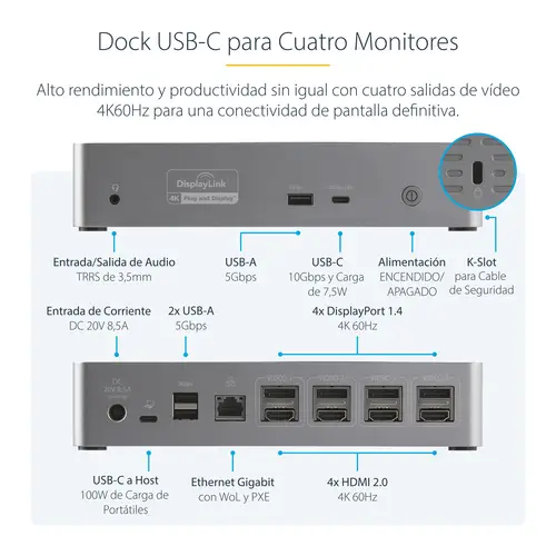 Mini Docking Station USB-C - Replicador de Puertos para 4 Monitores DisplayPort y HDMI 4K 60Hz - con PD de 100W - Hub Ladrón USB con 3x USB-A y 1x USBC, Red Ethernet, Audio - Imagen 9