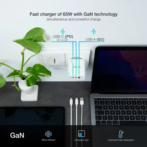 Cargador de Pared GaN 2USB-C/PD + USB-A/QC 65W, Blanco - Imagen 4