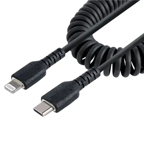 Cable de 50cm USB-C a Lightning MFi, Cable USB Tipo C Rizado de Carga Negro para iPhone, con Recubrimiento de TPE, Núcleo de Fibra de Aramida, Cable Lightning Rizado - Imagen 1