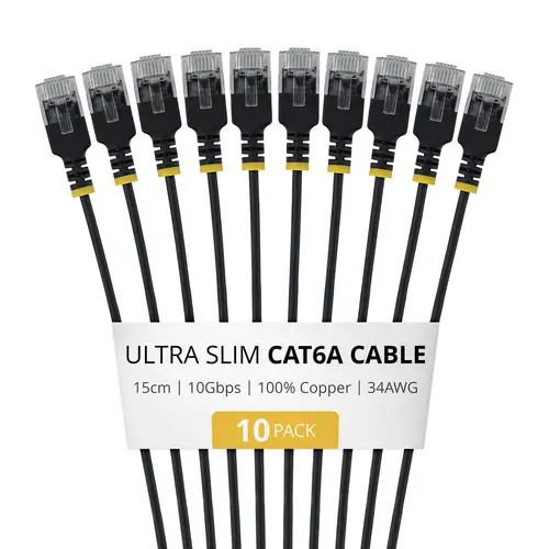 Paquete de 10 - Cable de Red Cat6A RJ45 Ultra Fino de 15cm - Cable Ethernet Ultra Slim - Cobre de 34AWG - UTP - Probado Individualmente - Negro - Imagen 1